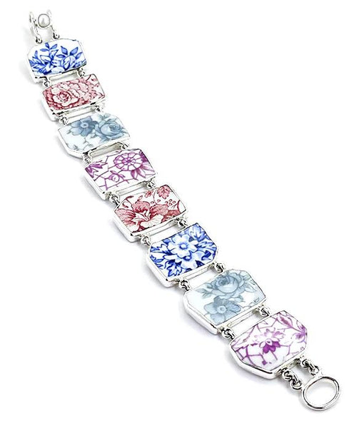Blue, Grey, Purple & White Flower Vintage Pottery Double Link Shard Bracelet - 8