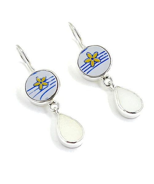 Yellow Flower with Blue Stripes Vintage Pottery & White Sea Glass Double Drop Earrings