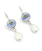Yellow Flower with Blue Stripes Vintage Pottery & White Sea Glass Double Drop Earrings