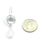 Yellow Flower with Blue Stripes Vintage Pottery & White Sea Glass Double Drop Earrings