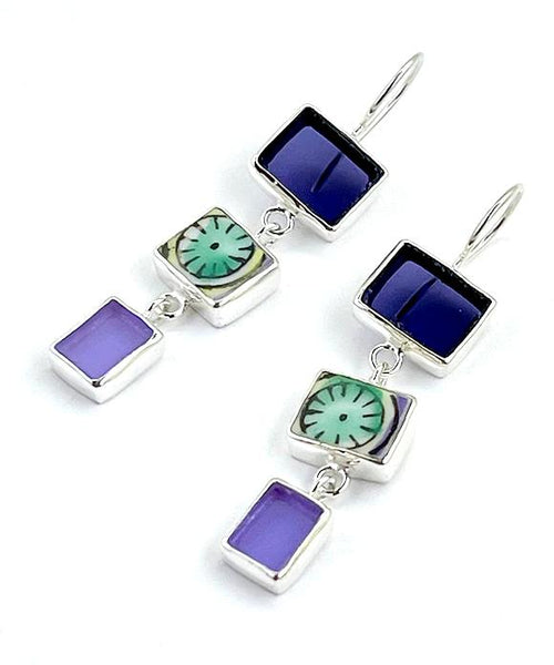 Shades of Purple Stained Glass with Green & Purple Vintage Pottery Triple Drop Earrings