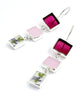 Raspberry & Pink Stained Glass with Purple Flower Vintage Pottery Triple Drop Earrings