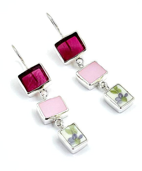 Raspberry & Pink Stained Glass with Purple Flower Vintage Pottery Triple Drop Earrings