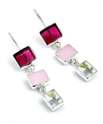 Raspberry & Pink Stained Glass with Purple Flower Vintage Pottery Triple Drop Earrings