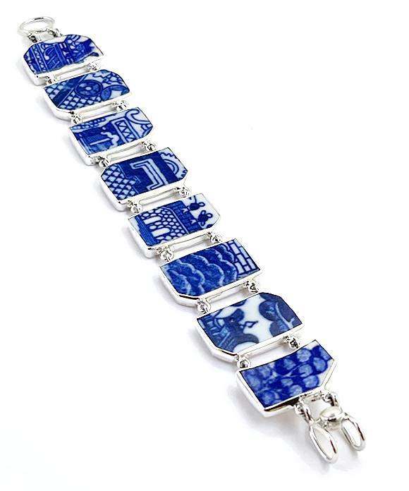 Blue Willow Vintage Pottery Double Link Shard Bracelet - 7 3/4
