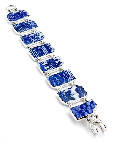 Blue Willow Vintage Pottery Double Link Shard Bracelet - 7 3/4