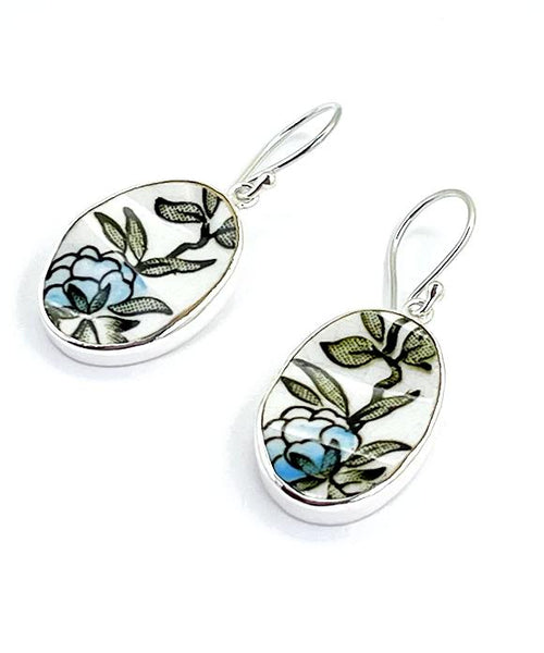 Black with Blue Flower Vintage Pottery Oval Single Drop Earrings