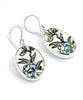 Black with Blue Flower Vintage Pottery Oval Single Drop Earrings