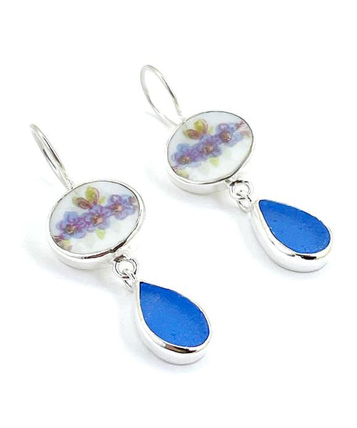 Blue & Purple Floral Vintage Pottery with Blue Sea Glass Double Drop Earrings