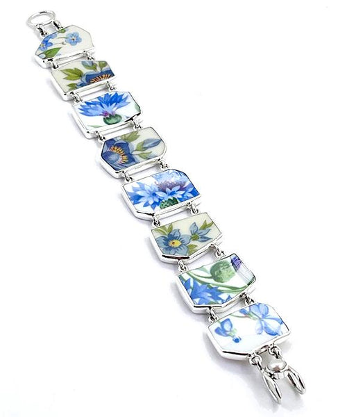 Various Blue Flowers Vintage Pottery Double Link Rectangle Bracelet - 7 3/4