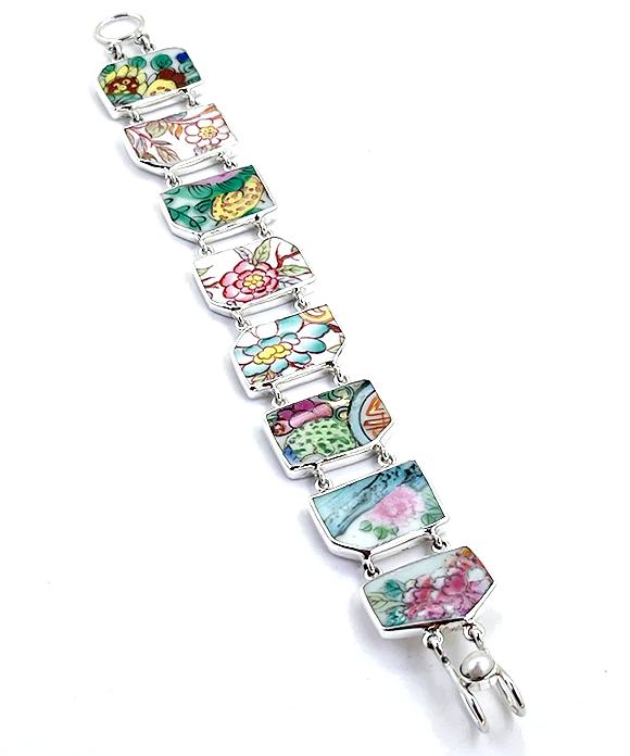 Bold Asian Floral Vintage Pottery Double Link Rectangle Bracelet - 7 1/2