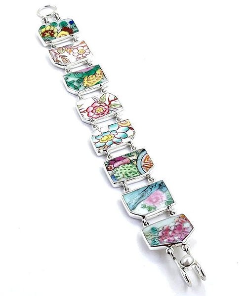 Bold Asian Floral Vintage Pottery Double Link Rectangle Bracelet - 7 1/2