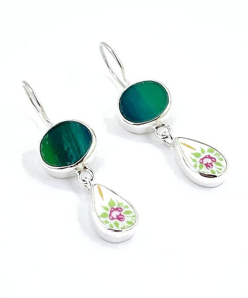 Green Stained Glass with Simple Flower Vintage Pottery Double Drop Earrings