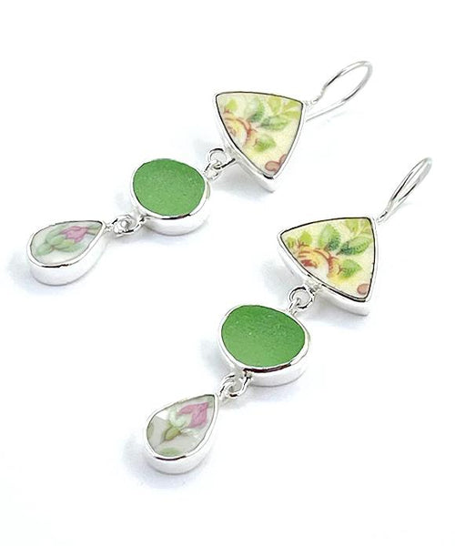 Yellow Flower & Pink Rose Vintage Pottery with Green Sea Glass Triple Drop Earrings