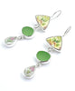 Yellow Flower & Pink Rose Vintage Pottery with Green Sea Glass Triple Drop Earrings