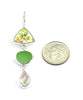 Yellow Flower & Pink Rose Vintage Pottery with Green Sea Glass Triple Drop Earrings