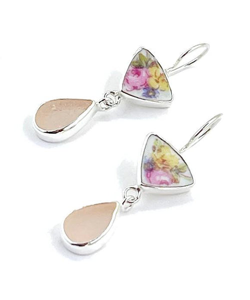 Flower Cluster Vintage Pottery with Pink Sea Glass Double Drop Earrings