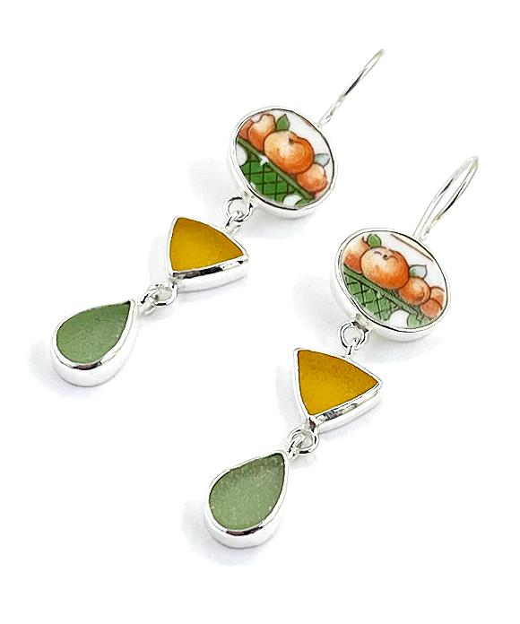 Orange Bowl Vintage Pottery with Amber & Sage Green Sea Glass Triple Drop Earrings