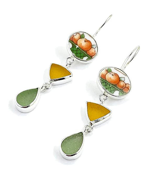 Orange Bowl Vintage Pottery with Amber & Sage Green Sea Glass Triple Drop Earrings