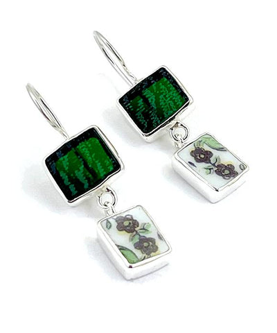 Dark Green Stained Glass with Simple Purple Flower Vintage Pottery Double Drop Earrings