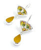 Yellow Flower Cluster Vintage Pottery with Amber Sea Glass Double Drop Earrings