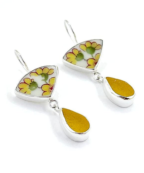 Yellow Flower Cluster Vintage Pottery with Amber Sea Glass Double Drop Earrings