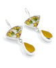Yellow Flower Cluster Vintage Pottery with Amber Sea Glass Double Drop Earrings