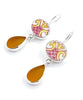 Pink & Yellow Pattern Vintage Pottery with Amber Sea Glass Double Drop Earrings