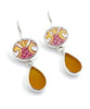 Pink & Yellow Pattern Vintage Pottery with Amber Sea Glass Double Drop Earrings