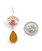 Pink & Yellow Pattern Vintage Pottery with Amber Sea Glass Double Drop Earrings