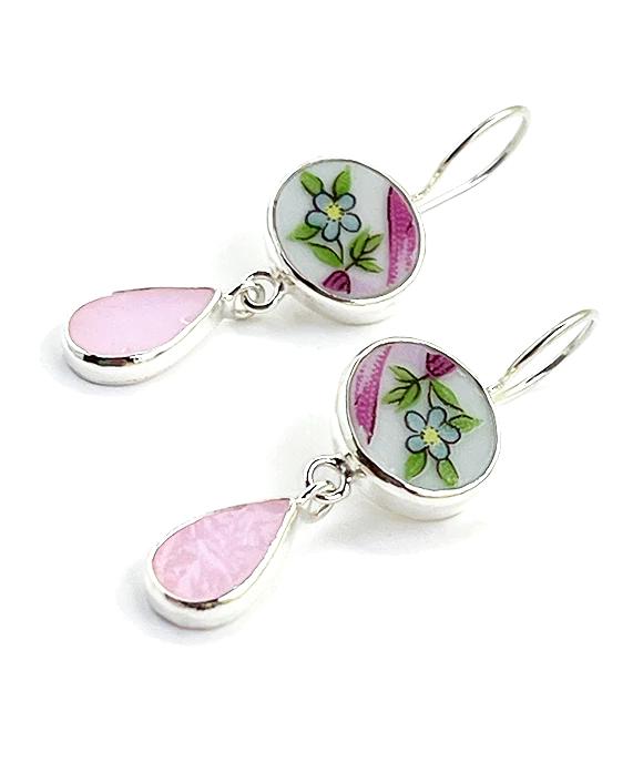 Blue & Yellow Flower Vintage Pottery with Pink Stained Glass Double Drop Earrings