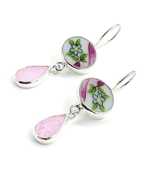 Blue & Yellow Flower Vintage Pottery with Pink Stained Glass Double Drop Earrings