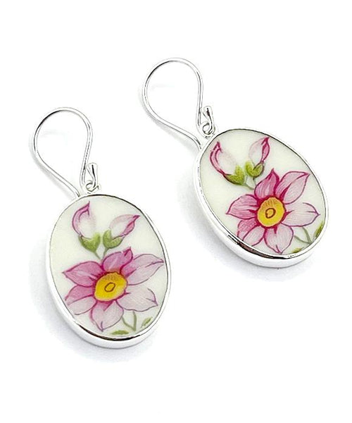 Big Pink & Yellow Flower Vintage Pottery Oval Single Drop Earrings