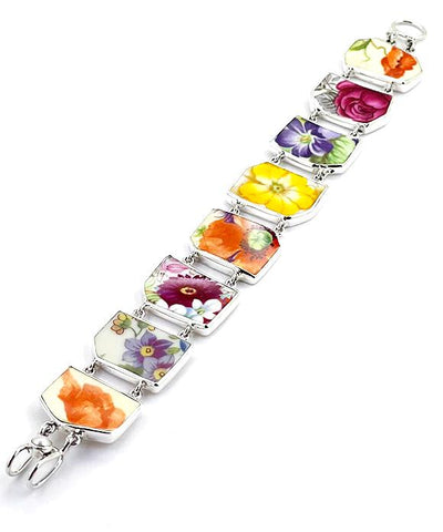 Big Bright Flowers Vintage Pottery Double Link Rectangle Bracelet - 8 1/2