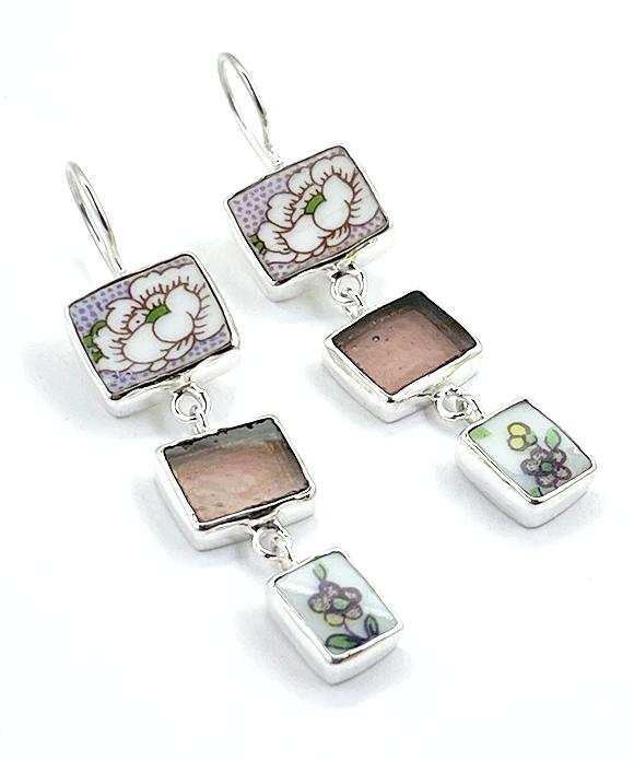 Green & Purple Floral Vintage Pottery with Purple Stained Glass Triple Drop Earrings