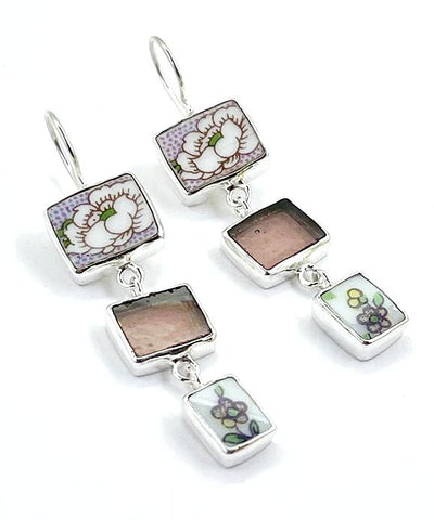 Green & Purple Floral Vintage Pottery with Purple Stained Glass Triple Drop Earrings