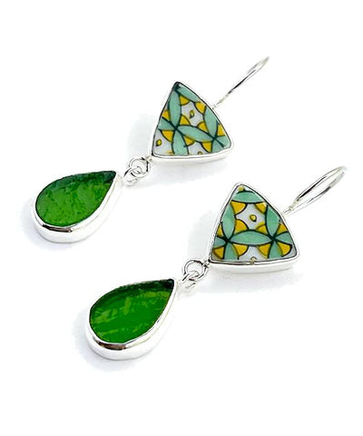 Green & Yellow Patterned Vintage Pottery with Green Stained Glass Double Drop Earrings