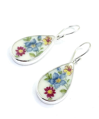 Big Blue, Pink & Yellow Flower Vintage Pottery Single Drop Earrings
