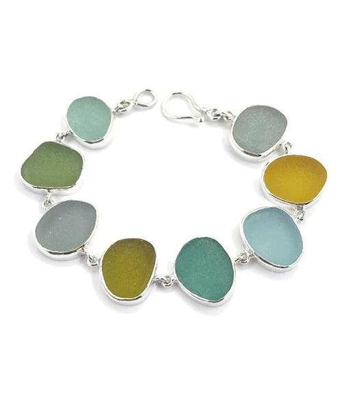 Light Olive, Amber, Grey & Aqua Sea Glass Bracelet - 7 1/2