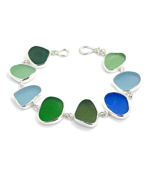 Blue, Green, Aqua and Olive Sea Glass Bracelet - 8