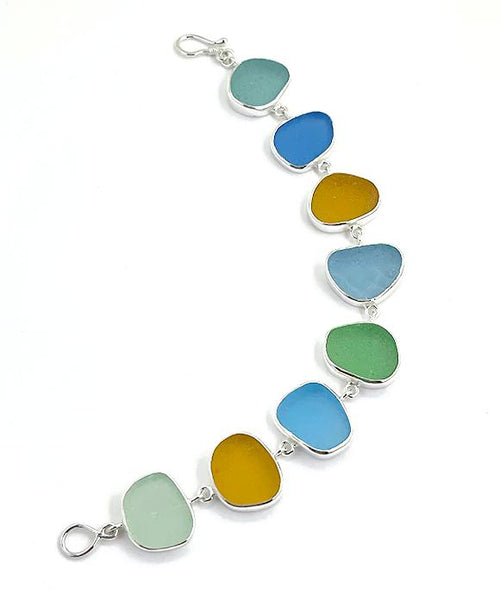 Aqua, Amber, Green and Blue Sea Glass Bracelet - 7 3/4