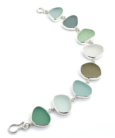 Soft Green, Clear, Olive, Grey & Aqua Sea Glass Bracelet - 8