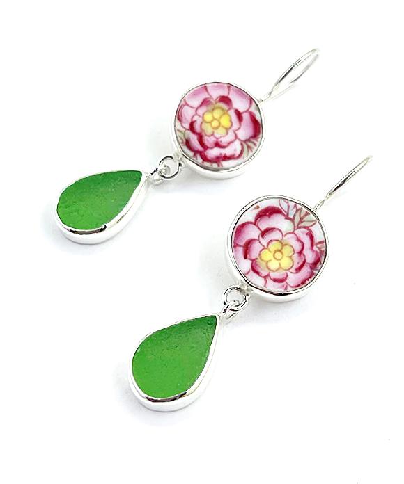 Pink & Yellow Flower Vintage Pottery with Green Sea Glass Double Drop Earrings