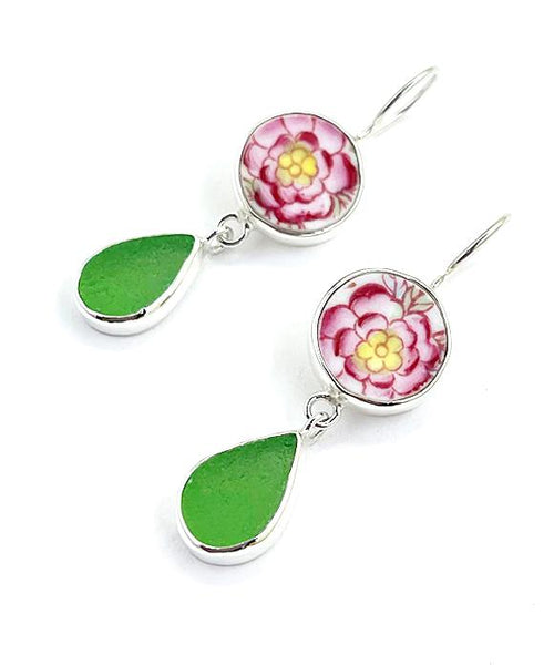 Pink & Yellow Flower Vintage Pottery with Green Sea Glass Double Drop Earrings