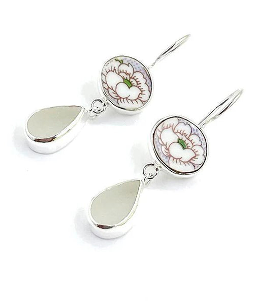White Flower Vintage Pottery with Clear Sea Glass Double Drop Earrings