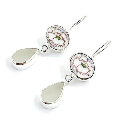 White Flower Vintage Pottery with Clear Sea Glass Double Drop Earrings
