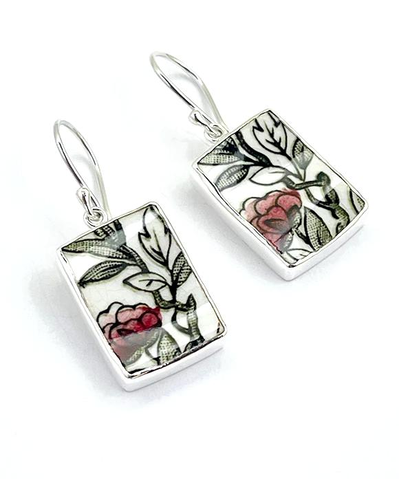 Leafy Vines with Red Flower Vintage Pottery Single Drop Earrings