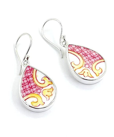 Pink & Yellow Pattern Vintage Pottery Single Drop Earrings