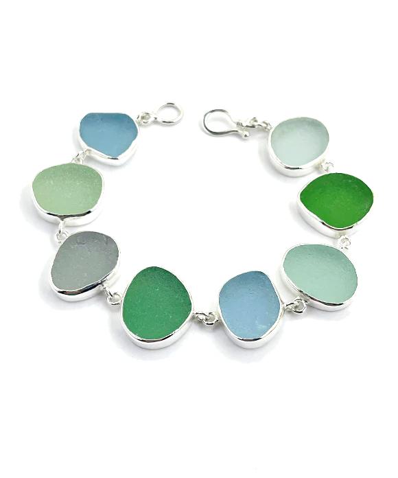Green, Soft Aqua, Light Blue & Grey Sea Glass Bracelet - 8