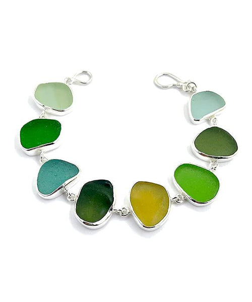 Green, Olive, Aqua & Amber Sea Glass Bracelet - 7 1/2